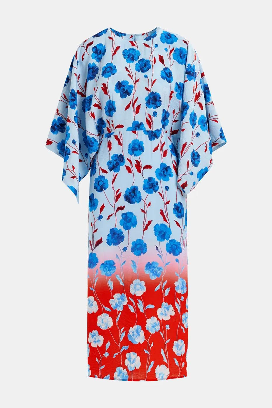Robe mi-longue à manches kimono et imprimé fleuri bleue, rouge et blanche