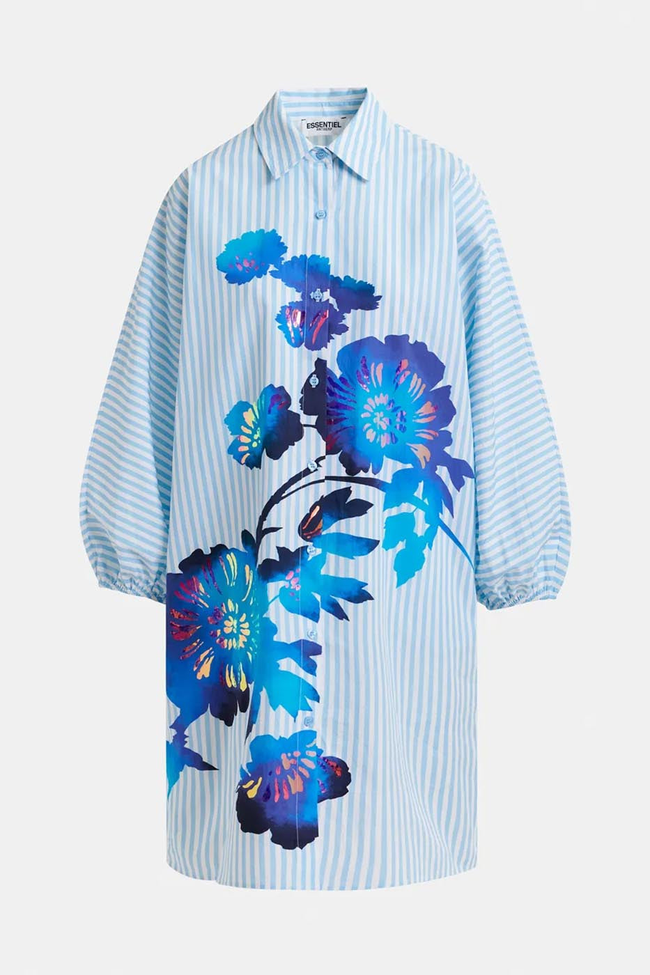 Mini-robe chemise en coton à rayures bleu clair, blanche et bleu foncé