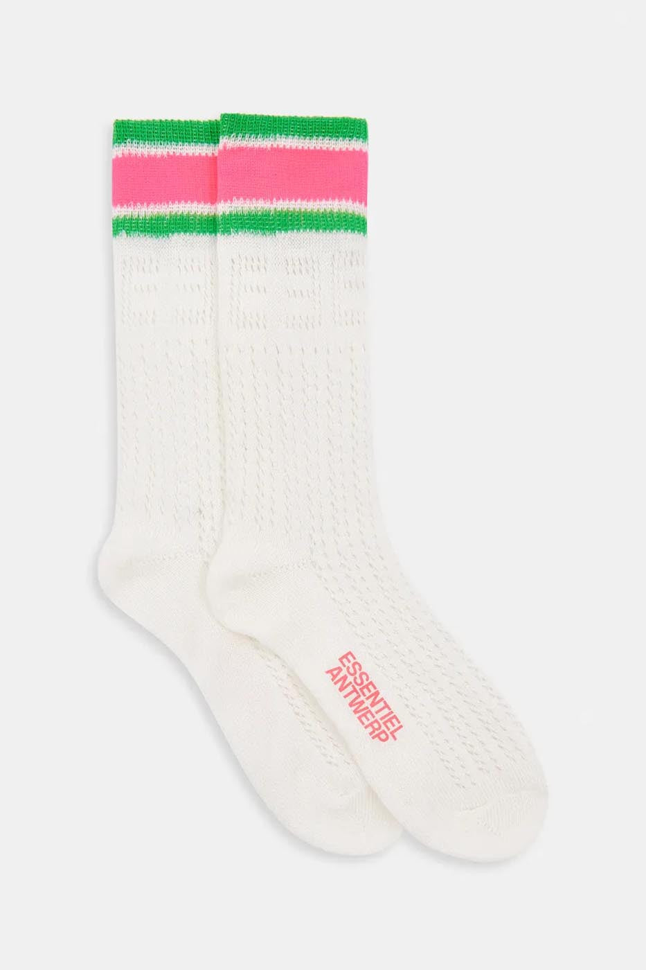 Chaussettes en point dentelle blanc cassé, roses et vertes à rayures et E