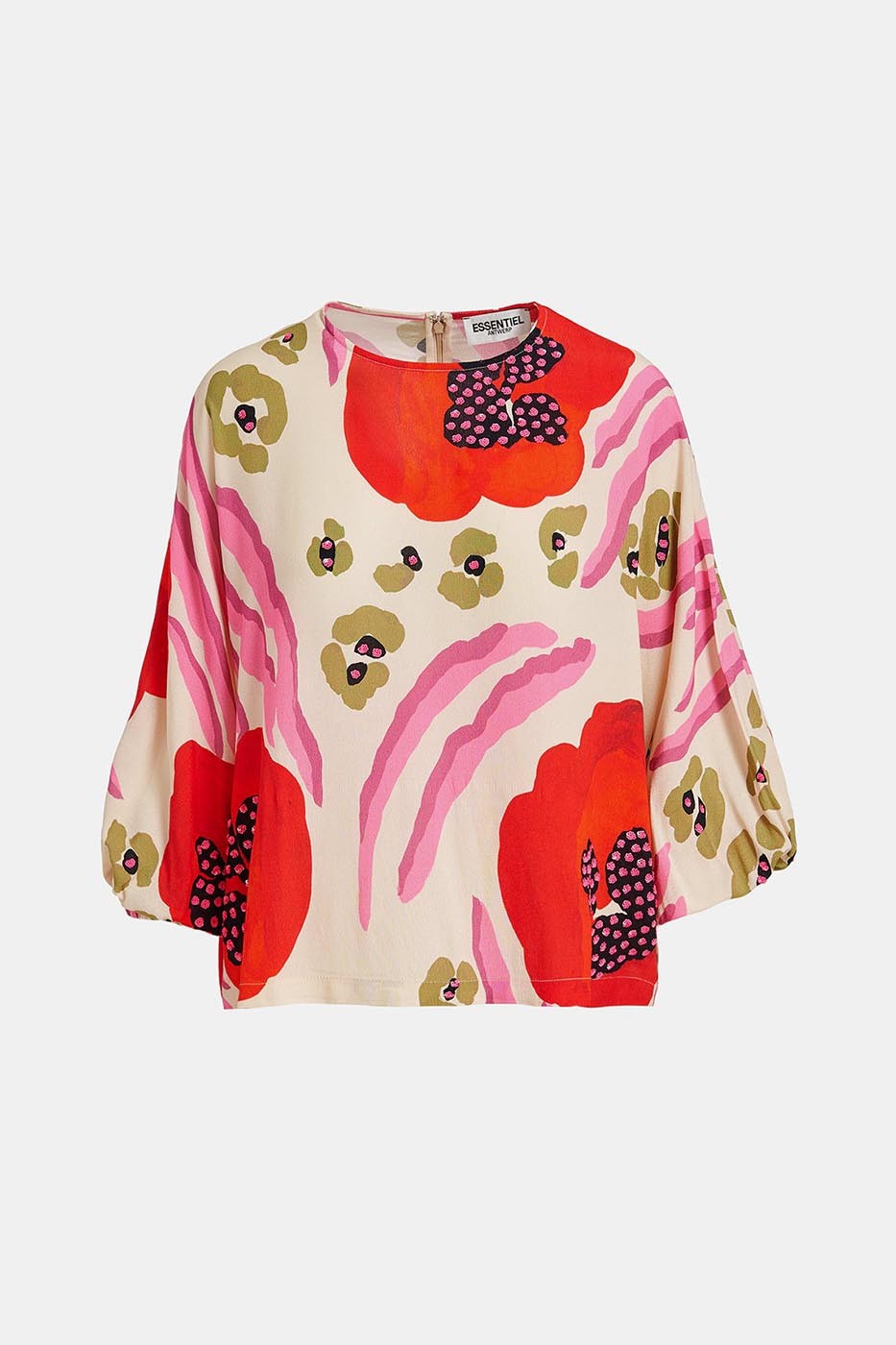 Top abstrait écru, rouge et rose à manches chauve-souris