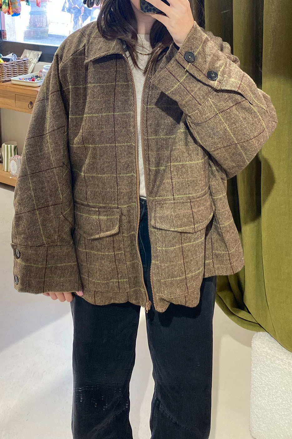 Blouson oversized à carreaux beige et marron