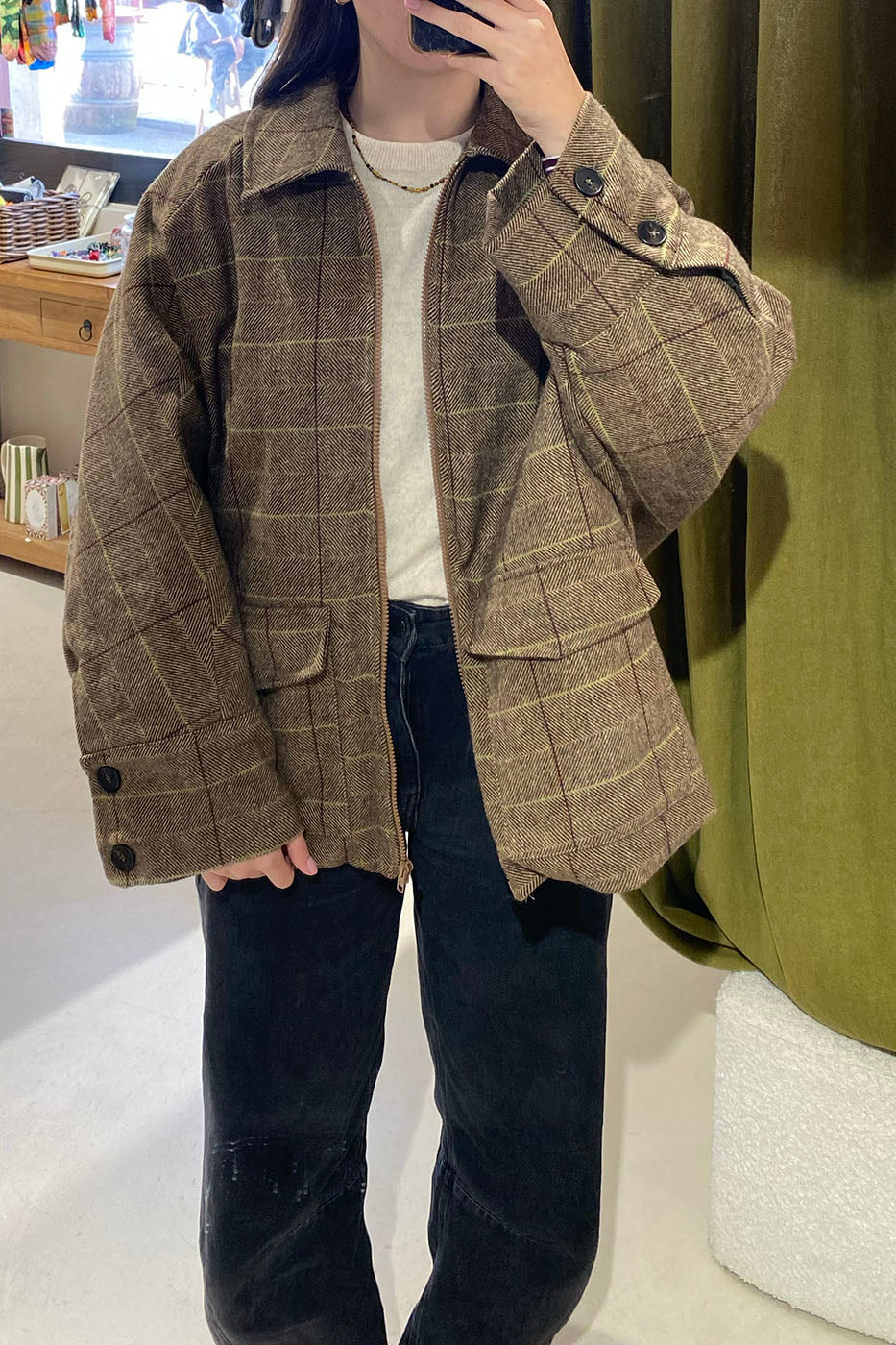 Blouson oversized à carreaux beige et marron