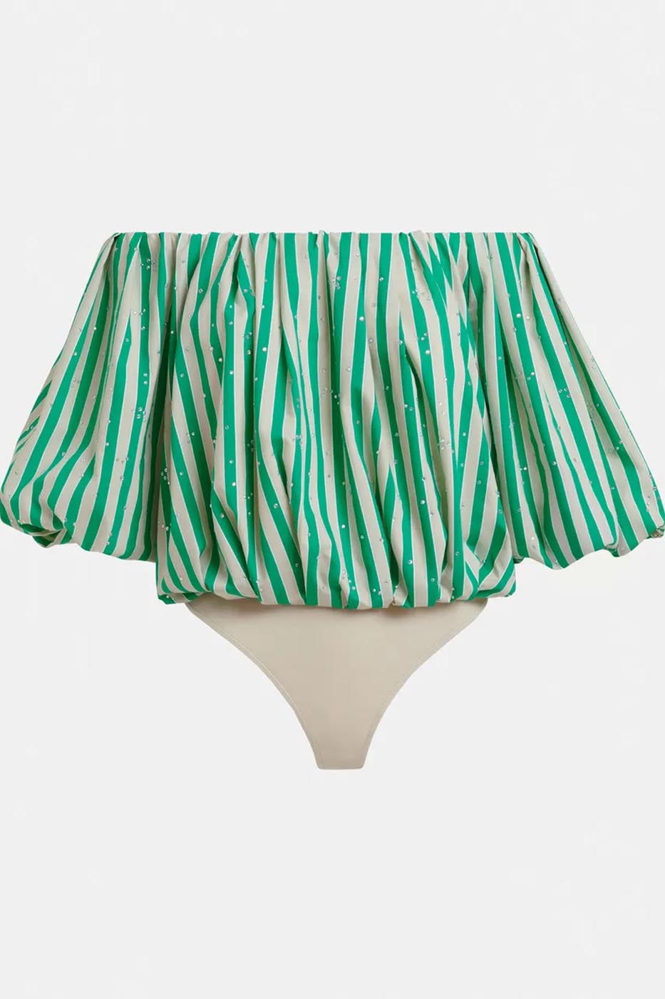 Body à fronces et manches bouffantes vert et crème