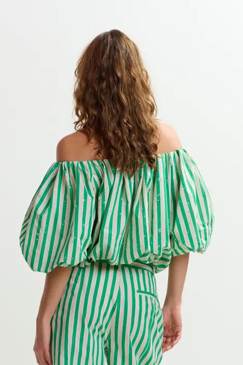 Body à fronces et manches bouffantes vert et crème