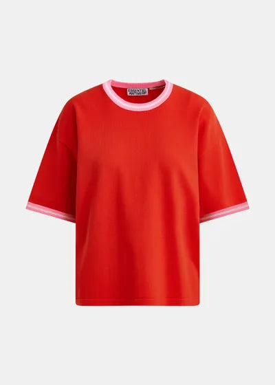 T-shirt court en maille rouge à bord rose