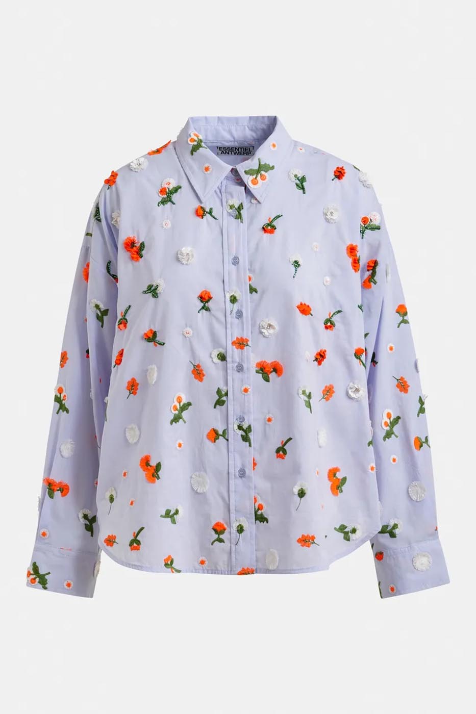 Chemise en coton bleu clair à fleurs brodées vertes et orange