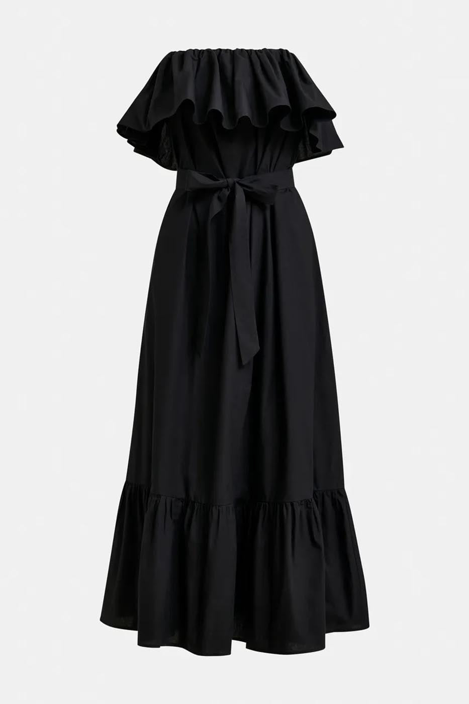 Longue robe bustier à volants noire