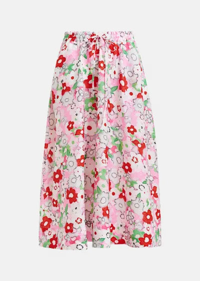 Jupe mi-longue en jacquard fleuri blanc cassé et multicolore