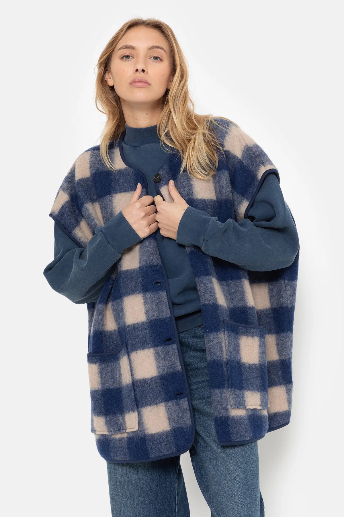 Ines Wooly Oversized Jacket | Blue & Beige Checked
