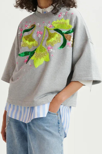 Sweatshirt en coton bio gris à broderie