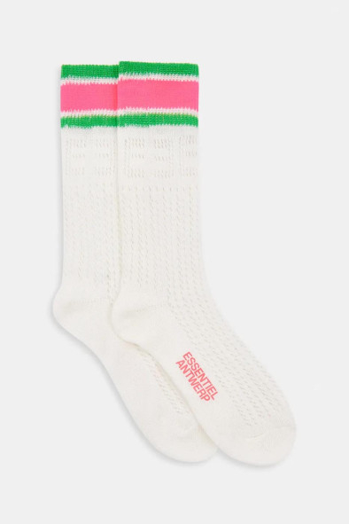 Chaussettes en point dentelle blanc cassé, roses et vertes à rayures et E