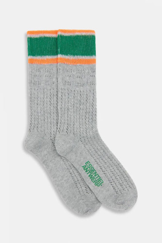 Chaussettes en point dentelle grises, vertes et orange à rayures et E