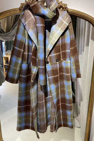 Manteau long à carreaux brun & bleu