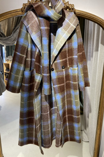 Manteau long à carreaux brun & bleu