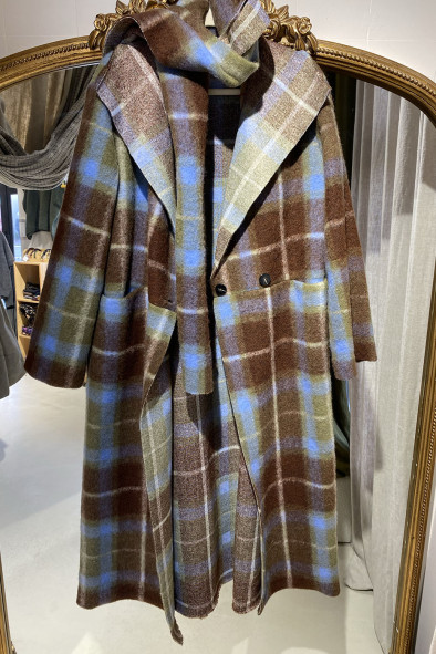 Manteau long à carreaux brun & bleu