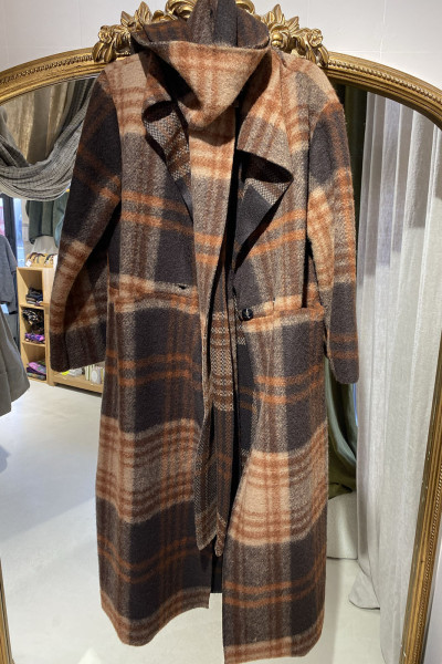 Manteau long à carreaux camel & chocolat