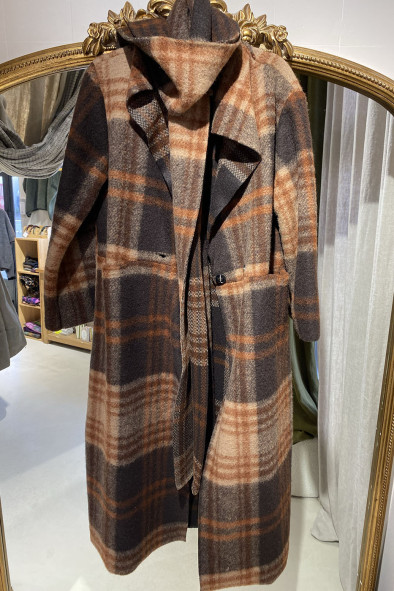 Manteau long à carreaux camel & chocolat