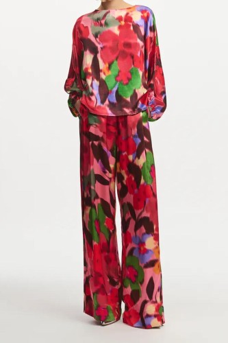 Pantalon large à imprimé fleuri multicolore