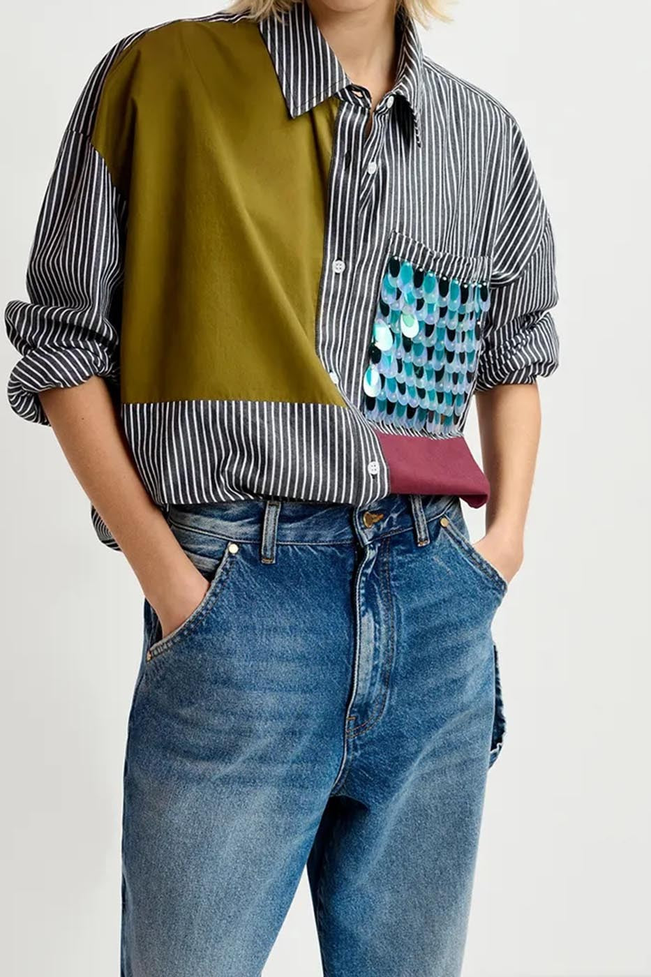 Chemise patchwork à rayures noire et blanche