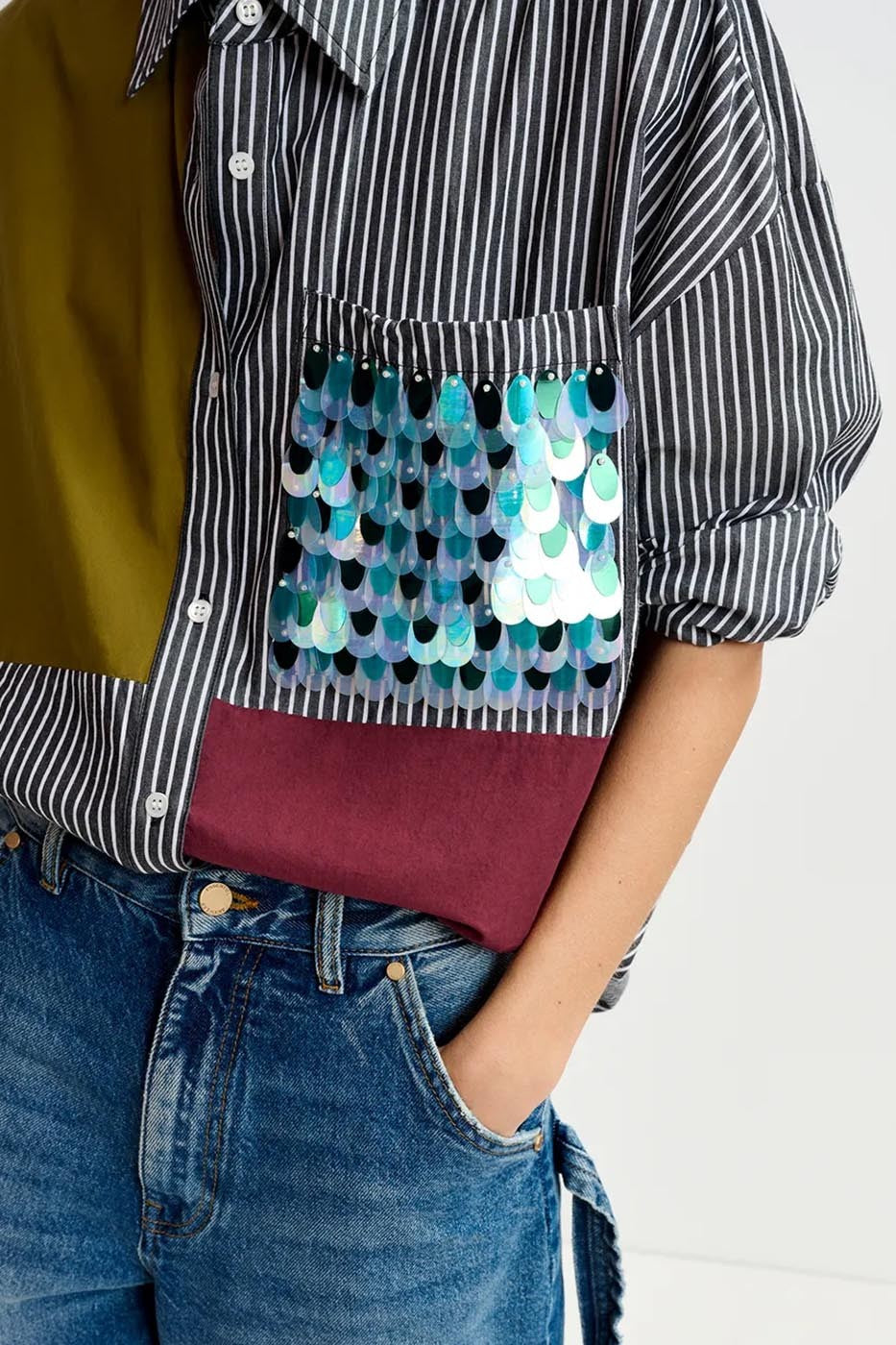 Chemise patchwork à rayures noire et blanche