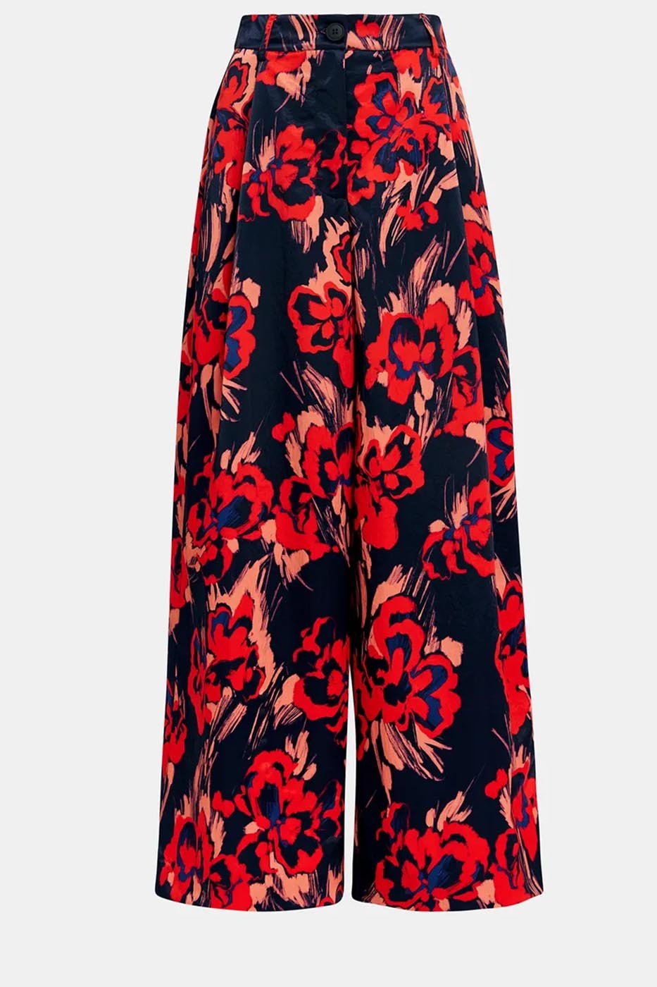 Pantalon large en satin bleu marine à imprimé fleuri