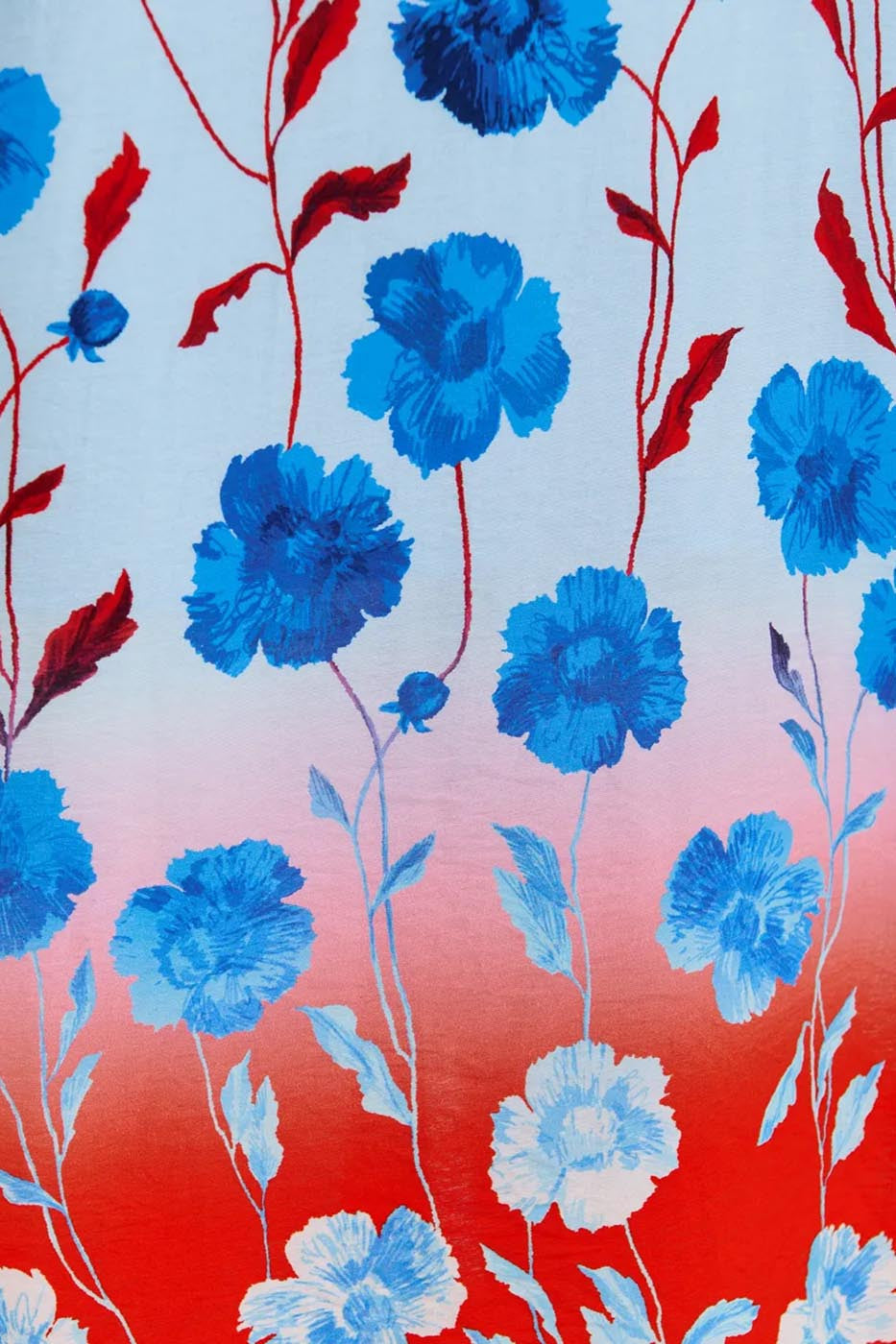 Robe mi-longue à manches kimono et imprimé fleuri bleue, rouge et blanche