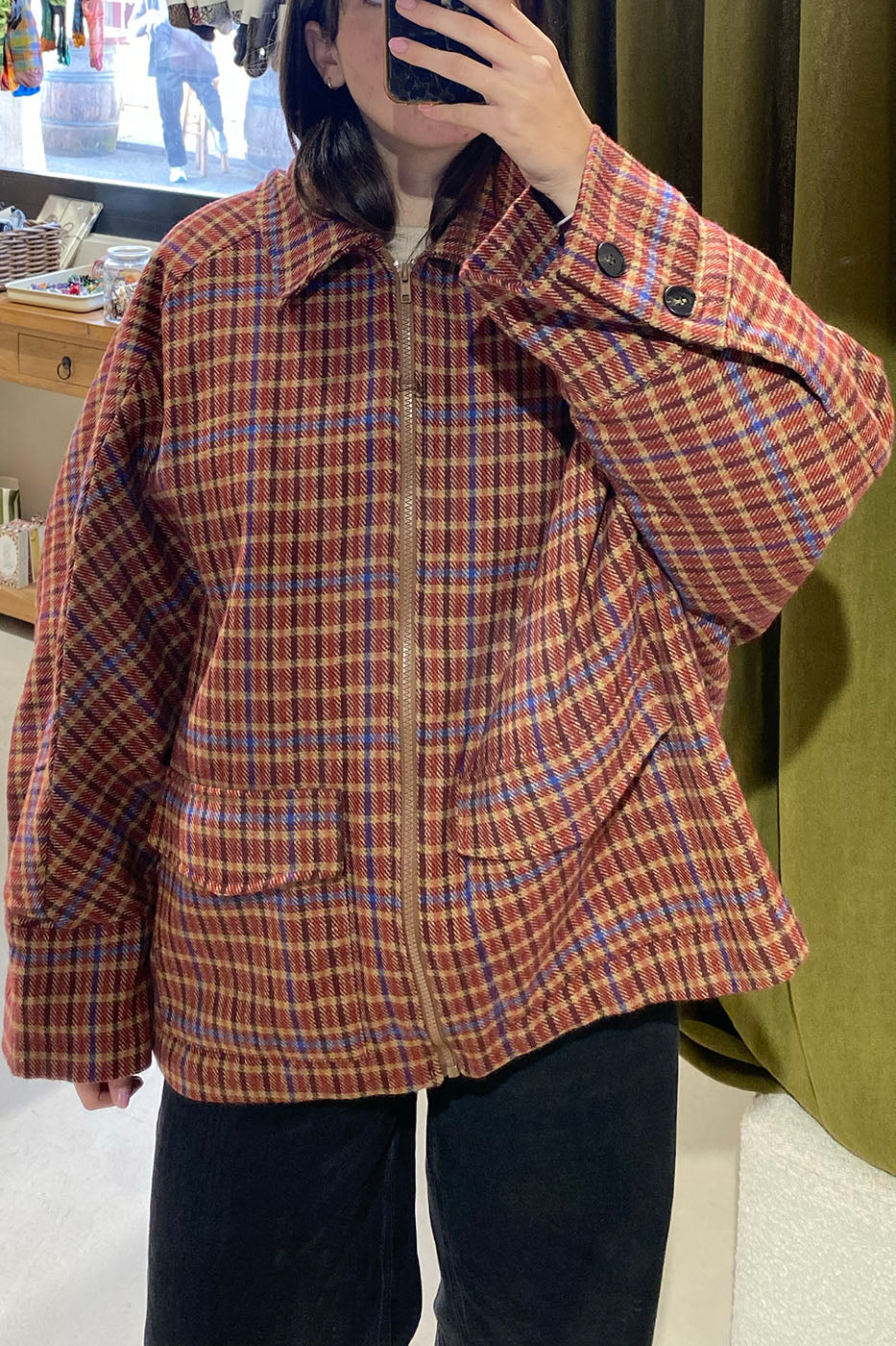 Blouson oversized à carreaux brique et bleu