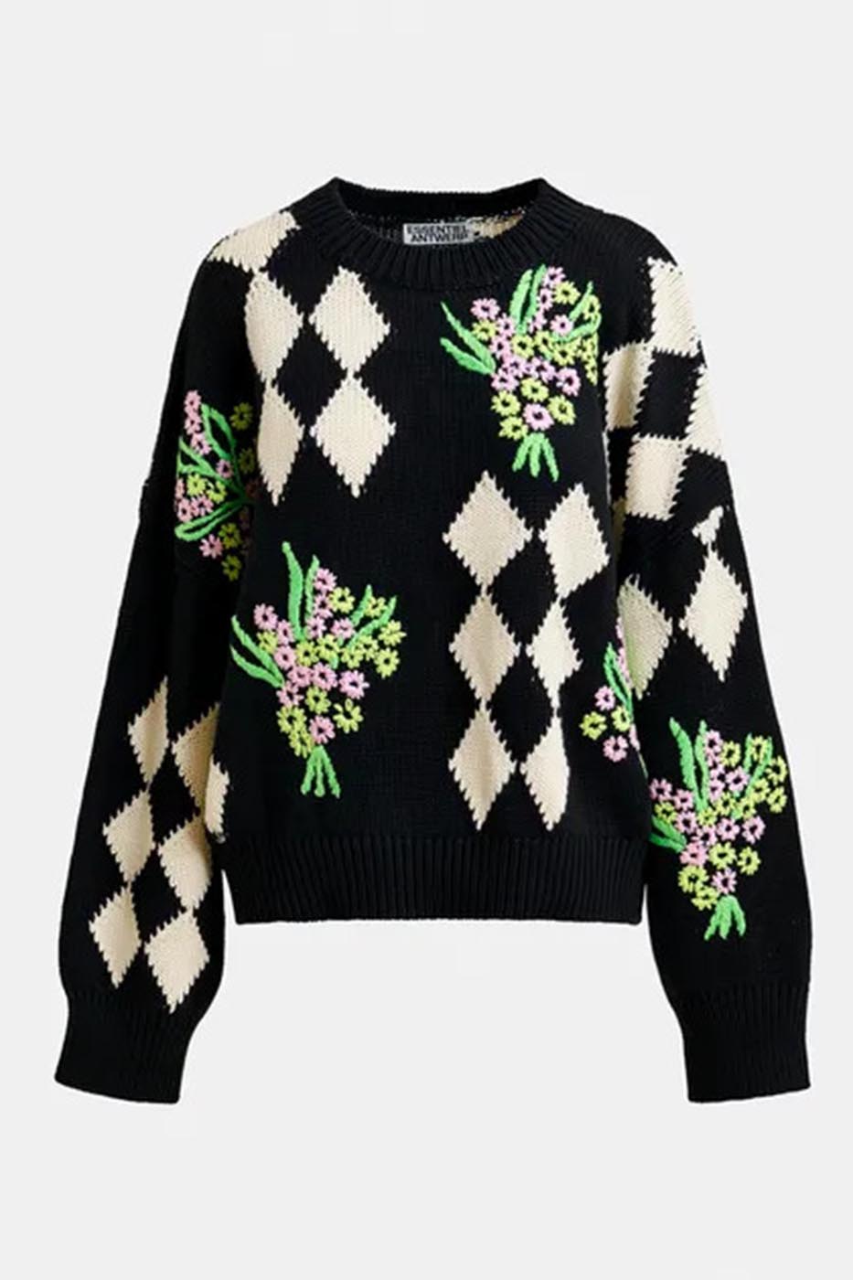 Pull en maille jacquard noir et blanc cassé