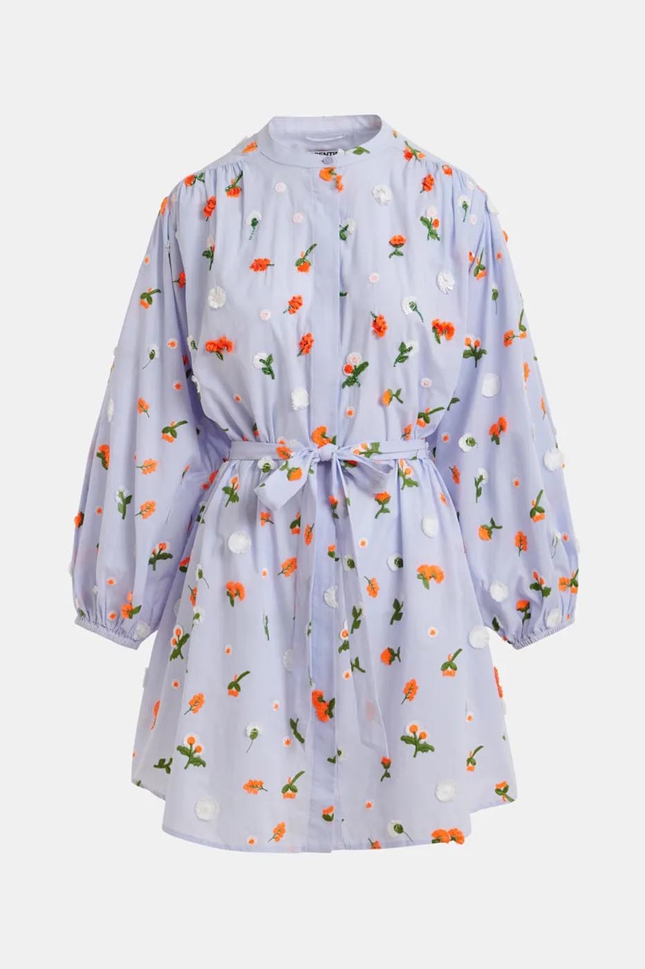 Robe genou bleu clair à col mandarin et ornements verts et orange