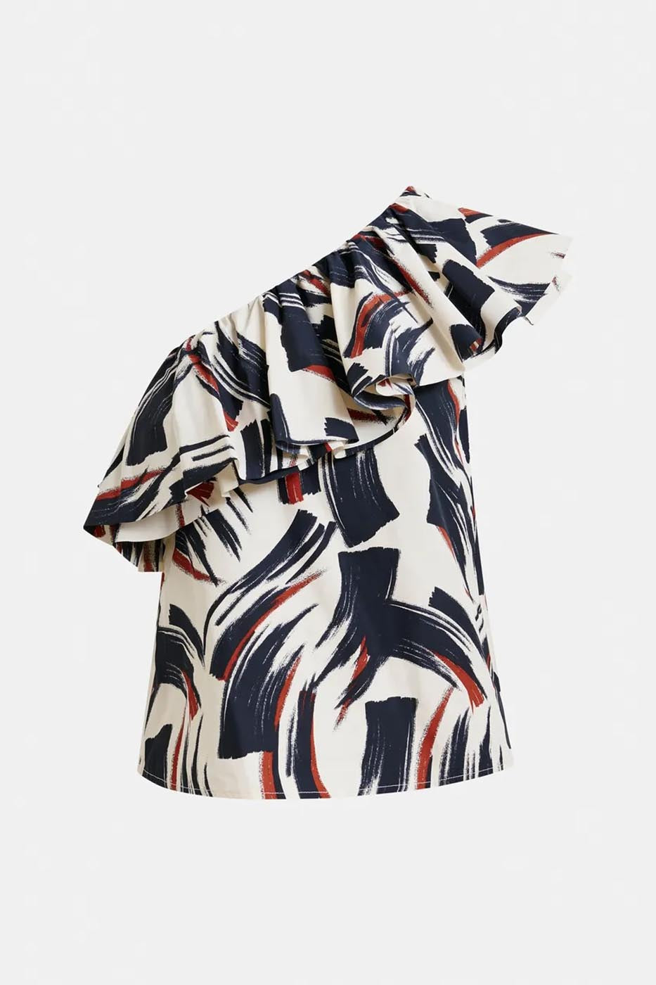 Top asymétrique à volant blanc cassé, noir et brun
