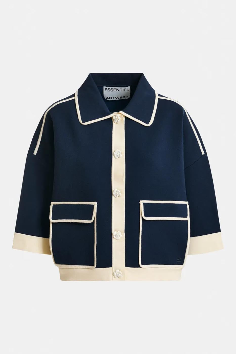 Cardigan bleu marine à boutons en fleur et bords blanc cassé